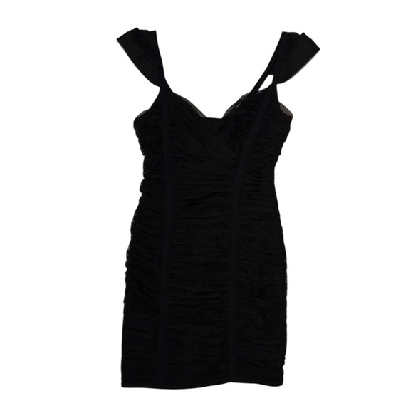 BCBGMaxAzria Ruched Tulle Shirred Bodycon Cap Sleeve Black Dress ~ XS ~ NWOT - Picture 4 of 8